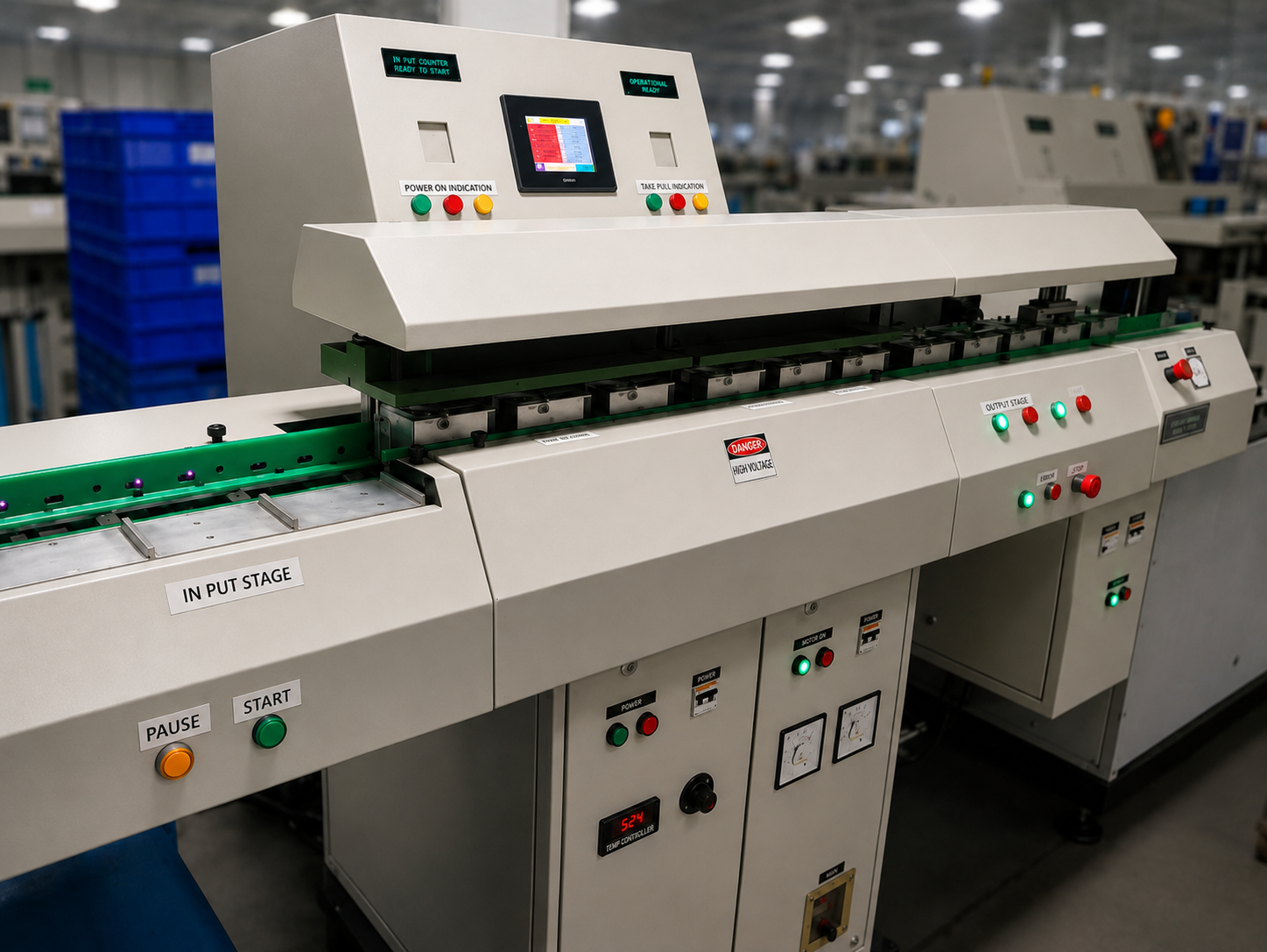 HV Megger functional influence testing and calibration conveyor line for three phase energy meter
